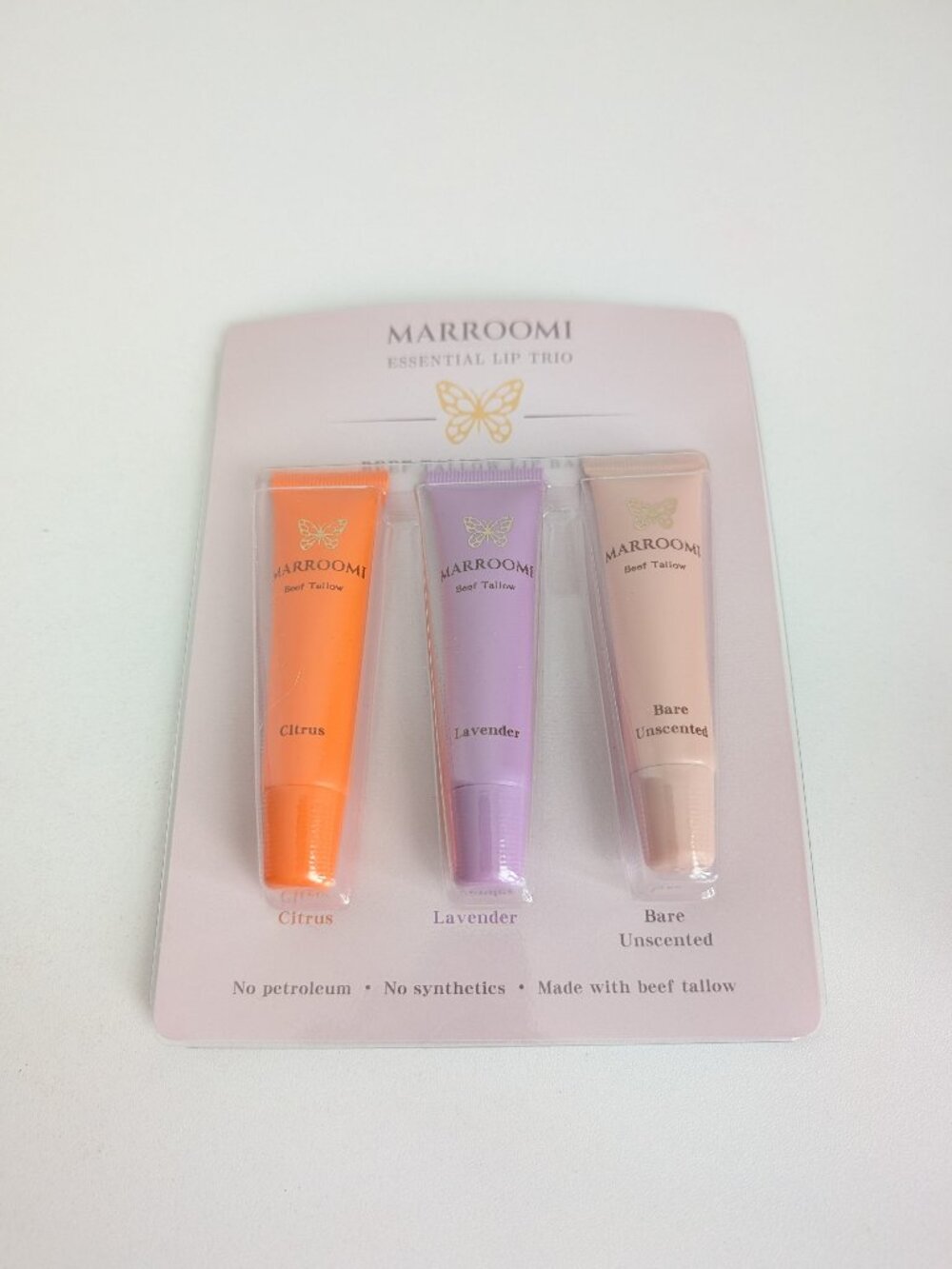 Marroomi Essential Lip Trio Beef Tallow Balm Citrus Lavender Bare Unscented New